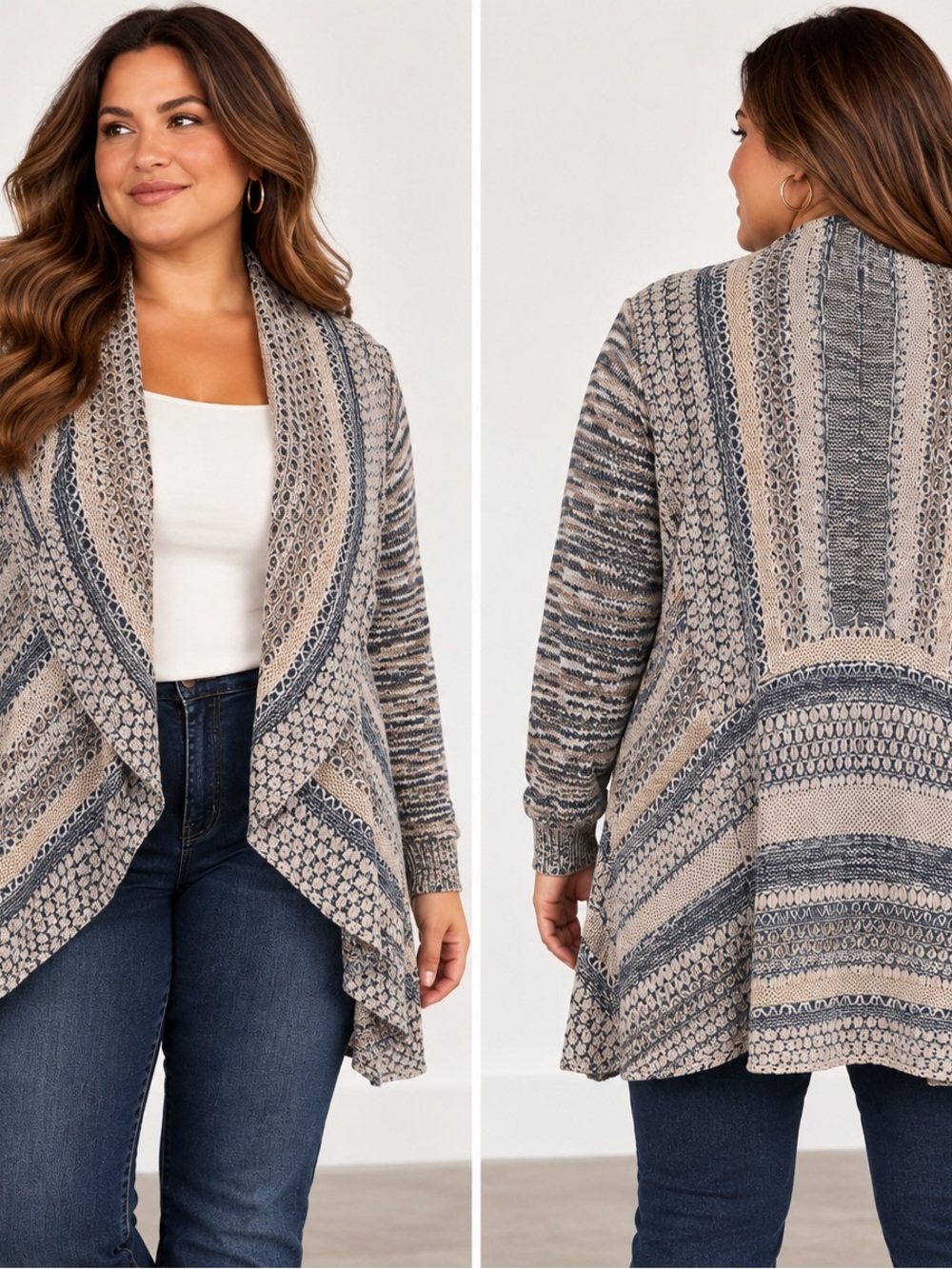 Absolutely Famous Beige & Navy Patterned Open-Front Cardigan